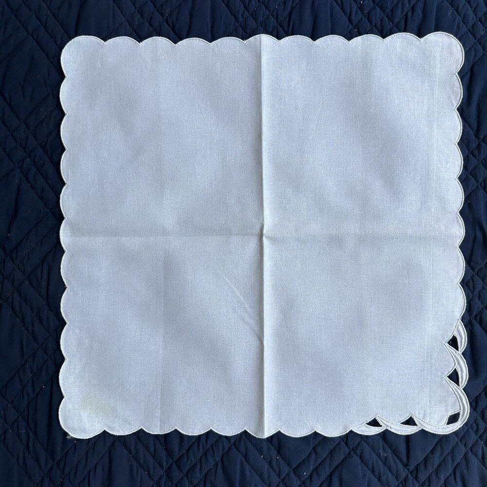 Vintage Linen Cocktail Napkin Hand Made White Scalloped Minimalist 16x16 In MCM